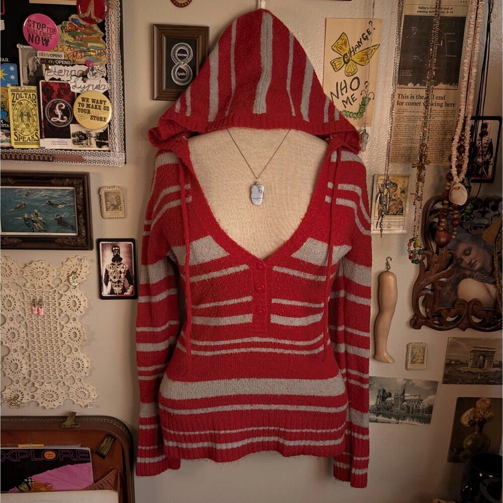 Y2K Striped V-Neck Hoodie Sweater Women's Small Red Gray